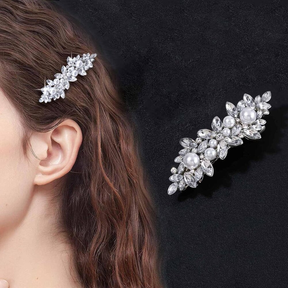 Rhinestone Pearl and Crystal Hair Barrette, Vintage Silver Bridal Hair Accessory - Picture 2 of 7